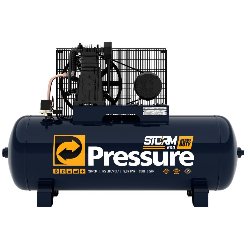 Compressor de Ar Storm 600HP 20 Pés 200L Alta Pressão 5HP Trifásico 220/380V PRESSURE