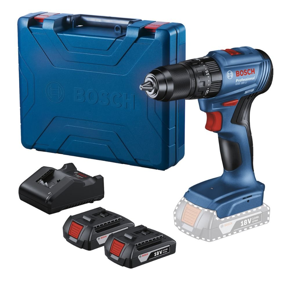 Furadeira Parafusadeira GSB 185-LI 1/2 Pol. 18V Brushless com 2 Baterias Carregador Bivolt e Maleta BOSCH
