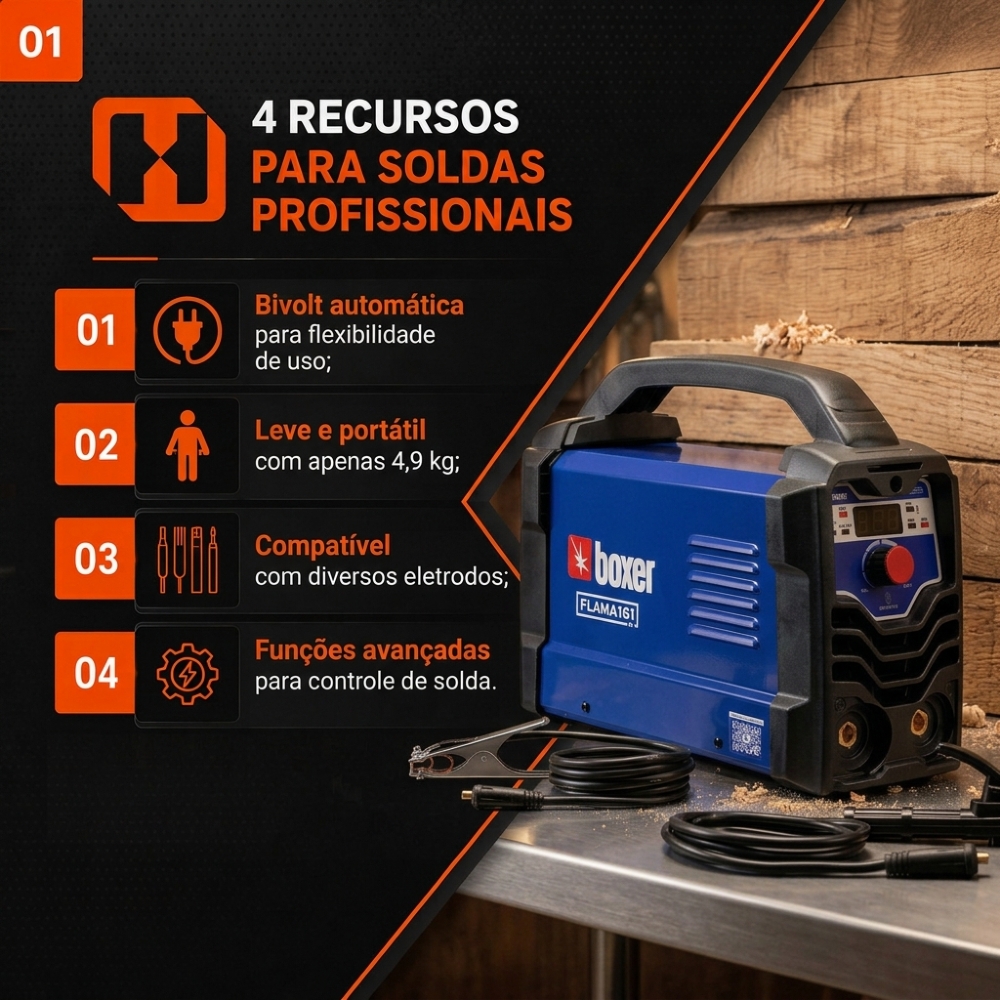 Máquina Inversora de Solda Flama 161 MMA/TIG 160A Bivolt Automático BOXER