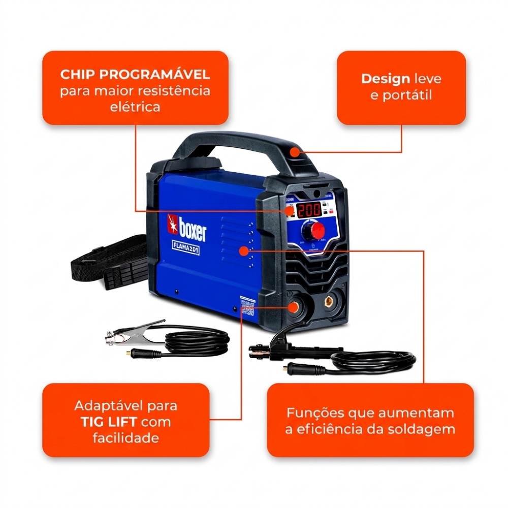 Máquina Inversora de Solda Flama 201 MMA/TIG Lift 200A Bivolt Automático BOXER