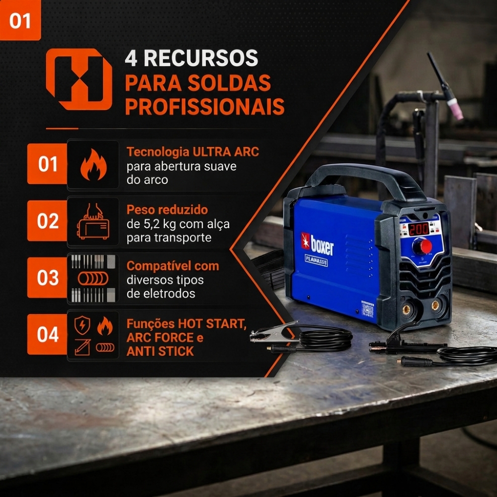 Máquina Inversora de Solda Flama 201 MMA/TIG Lift 200A Bivolt Automático BOXER