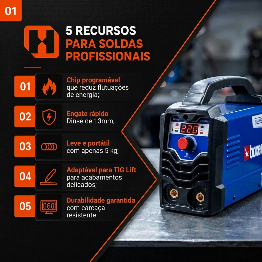 Máquina Inversora de Solda Flama 221 MMA/TIG Lift 220A 220V BOXER