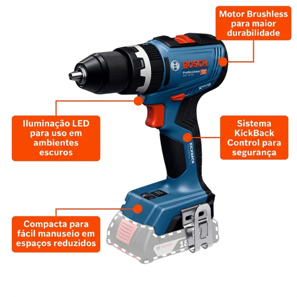 Parafusadeira Furadeira GSB 18V-65 18V Brushless com 2 Baterias Carregador Bivolt BOSCH
