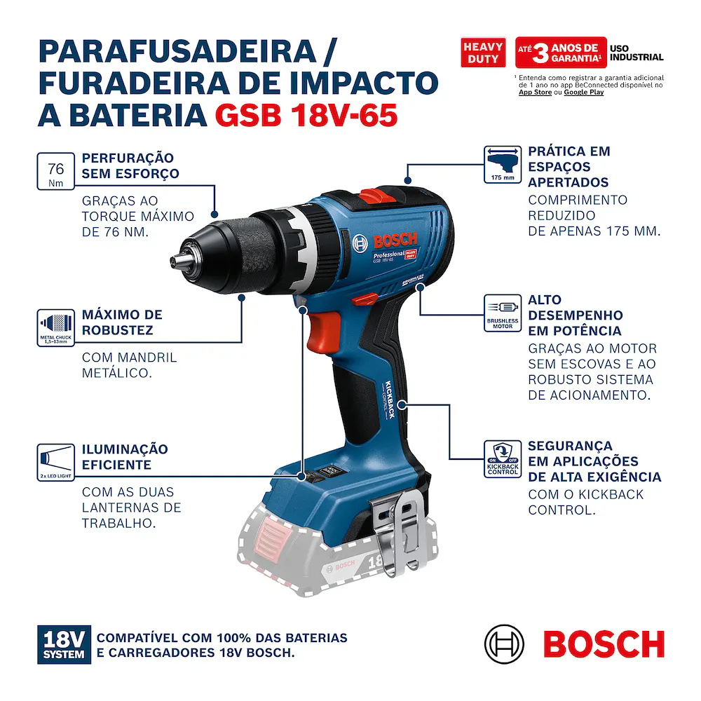 Parafusadeira Furadeira GSB 18V-65 18V Brushless com 2 Baterias Carregador Bivolt BOSCH