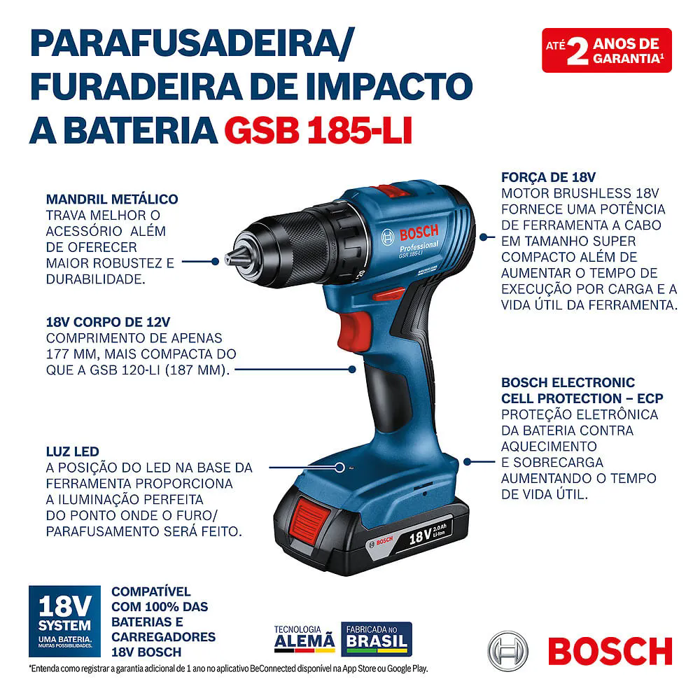 Furadeira Parafusadeira GSB 185-LI 1/2 Pol. 18V Brushless com 2 Baterias Carregador Bivolt e Maleta BOSCH