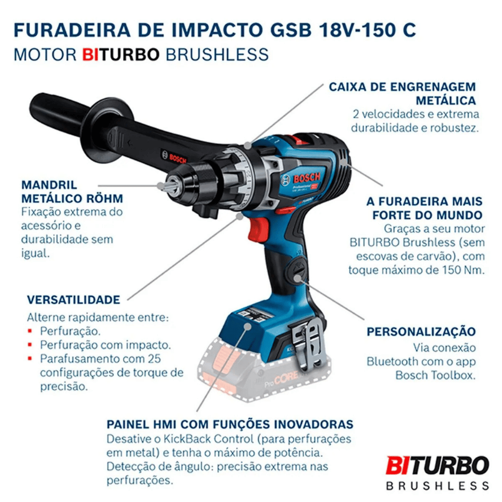 Parafusadeira Furadeira GSB 18V-150 C 1/2 Pol. 18V Brushless sem Bateria com Maleta BOSCH