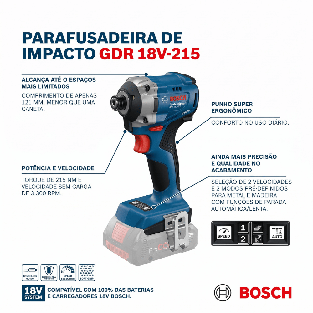 Parafusadeira de Impacto GDR 18V-215 Brushless 1/4 Pol. 18V sem Bateria BOSCH