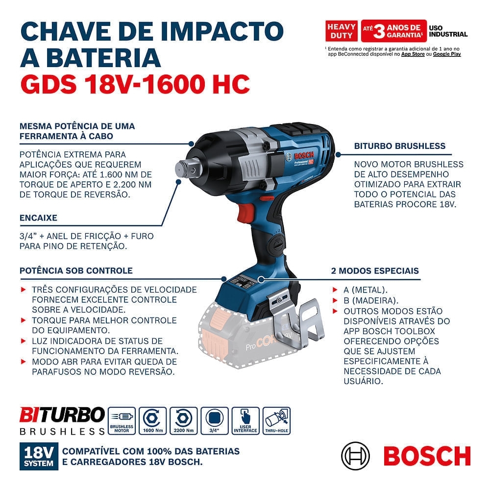 Chave de Impacto GDS 18V-1600 HC 3/4 Pol. 18V BITURBO Brushless 1600Nm sem Bateria e Carregador BOSCH