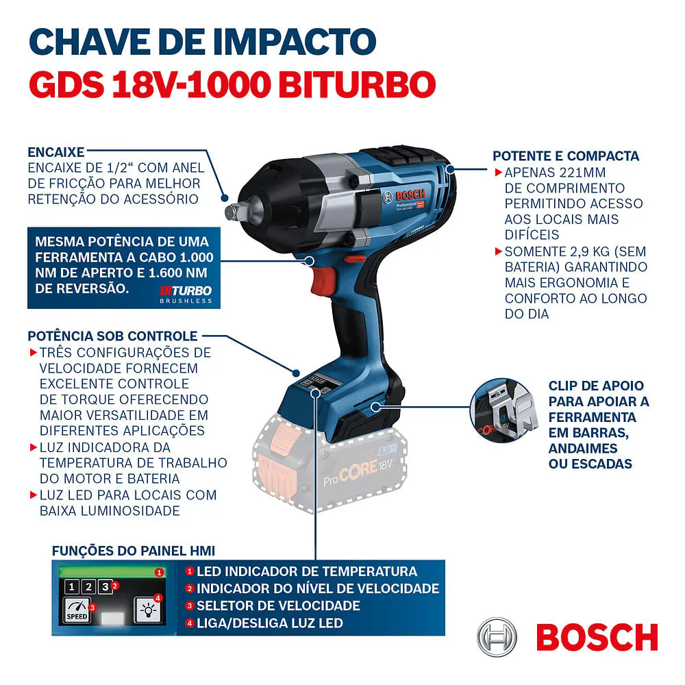 Chave de Impacto GDS 18V-1000 1/2 Pol. 18V Brushless sem Bateria e Carregador BOSCH