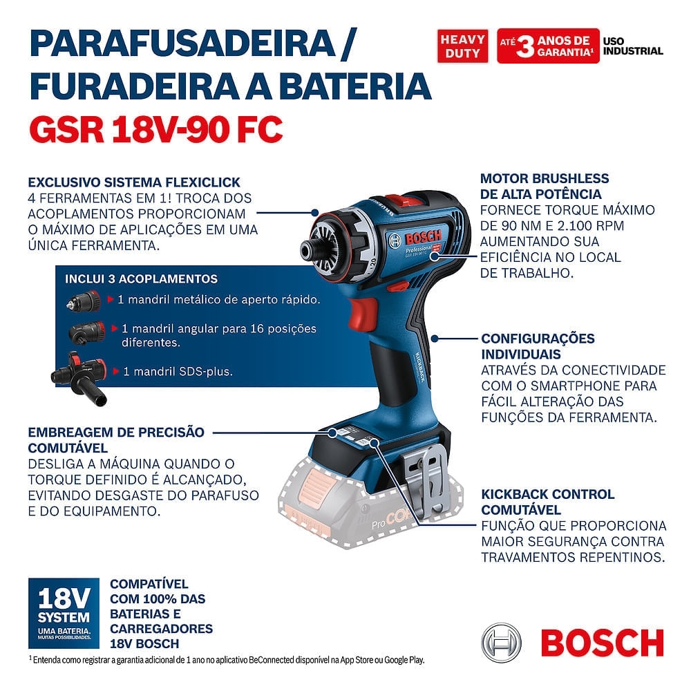 Parafusadeira Furadeira GSR 18V-90 FC 1/2 Pol. 18V Brushless sem Bateria com Maleta BOSCH