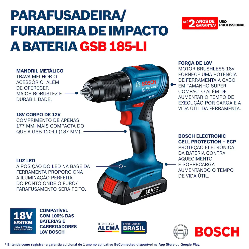 Parafusadeira Furadeira GSB 185-LI 1/2 Pol. 18V Brushless sem Bateria e Carregador BOSCH