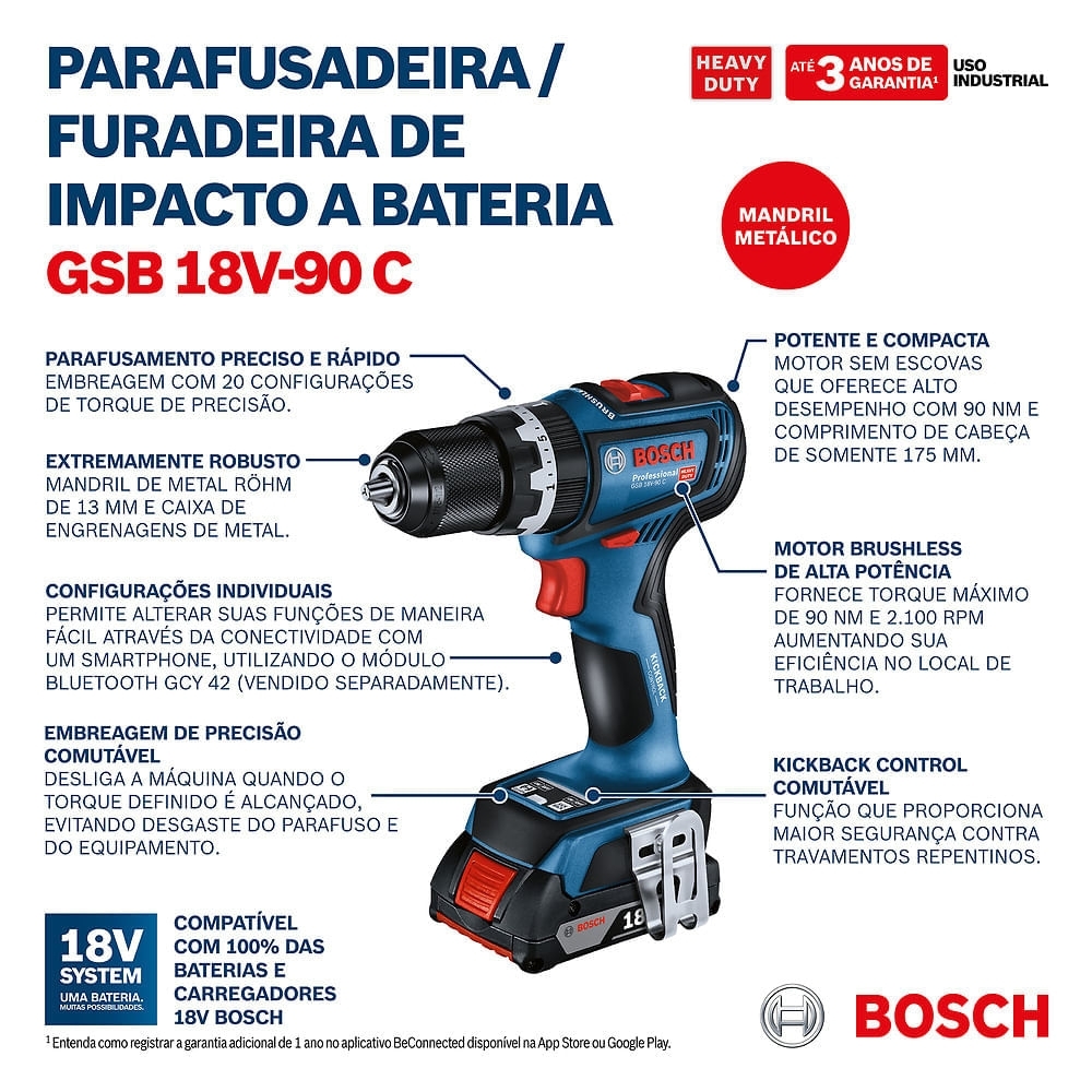 Parafusadeira Furadeira GSB 18V-90C 1/2 Pol. 18V Brushless sem Bateria BOSCH