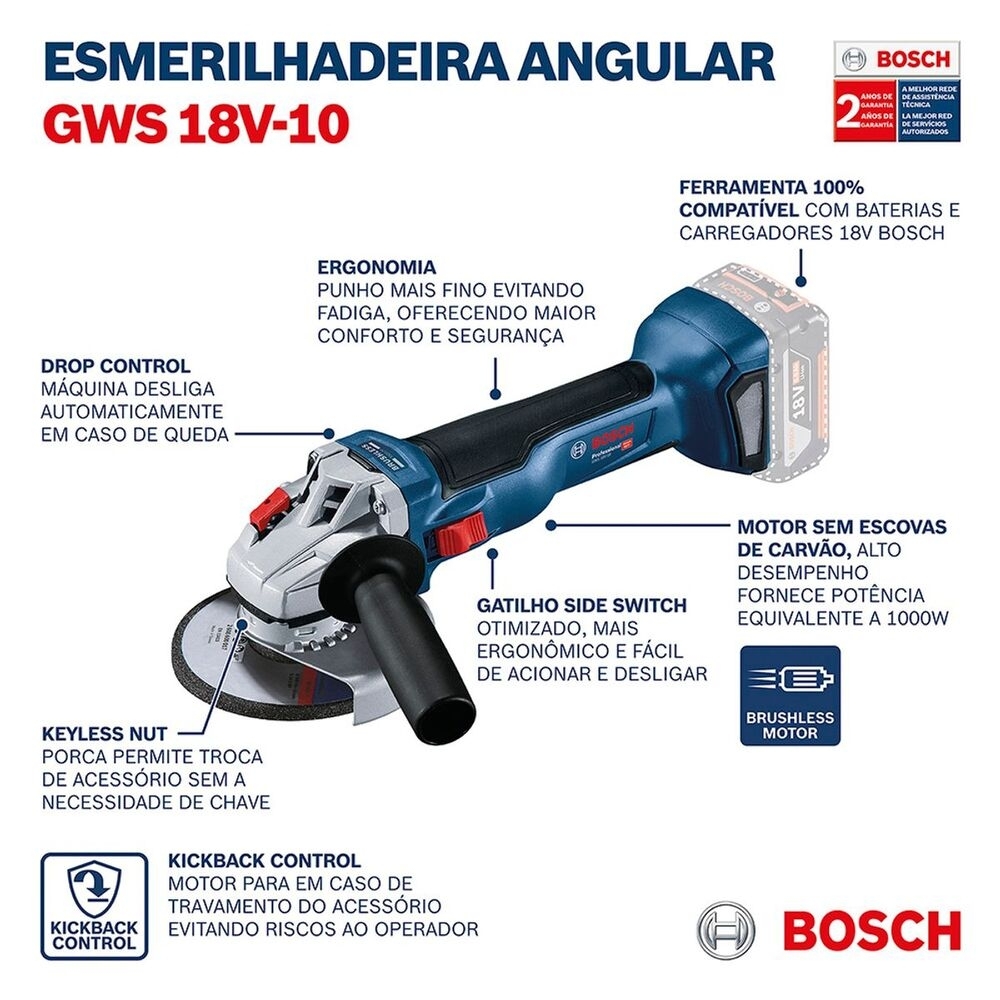 Esmerilhadeira Angular GWS 18V-10 5 Pol. Brushless sem Bateria e Carregador BOSCH
