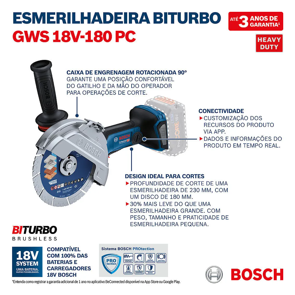 Esmerilhadeira Angular GWS 18V-180 PC 7 Pol. Brushless sem Bateria e Carregador BOSCH