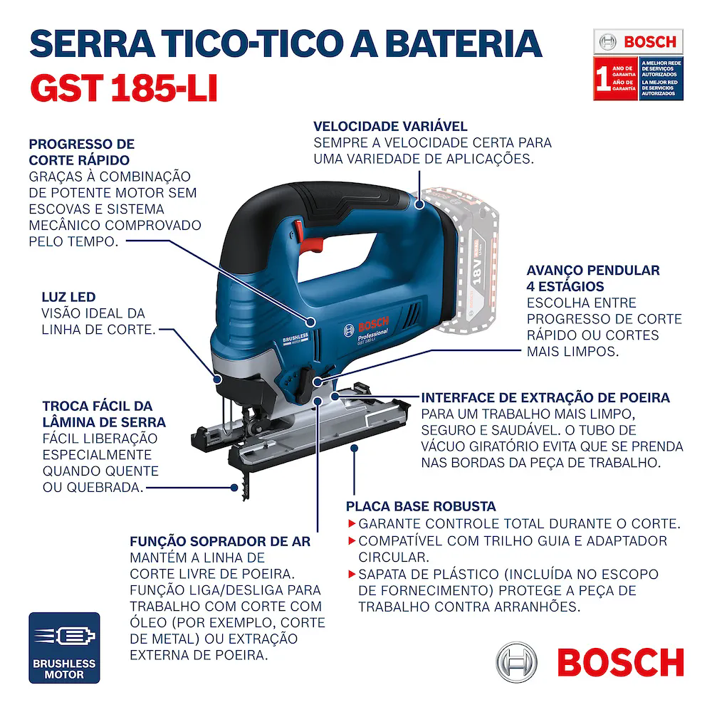 Serra Tico-Tico GST 185-LI Brushless 18V sem Bateria BOSCH