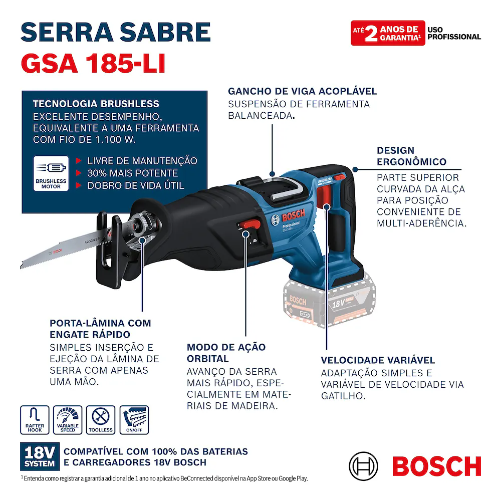 Serra Sabre GSA 185-LI Brushless 18V sem Bateria com 2 Lâminas BOSCH