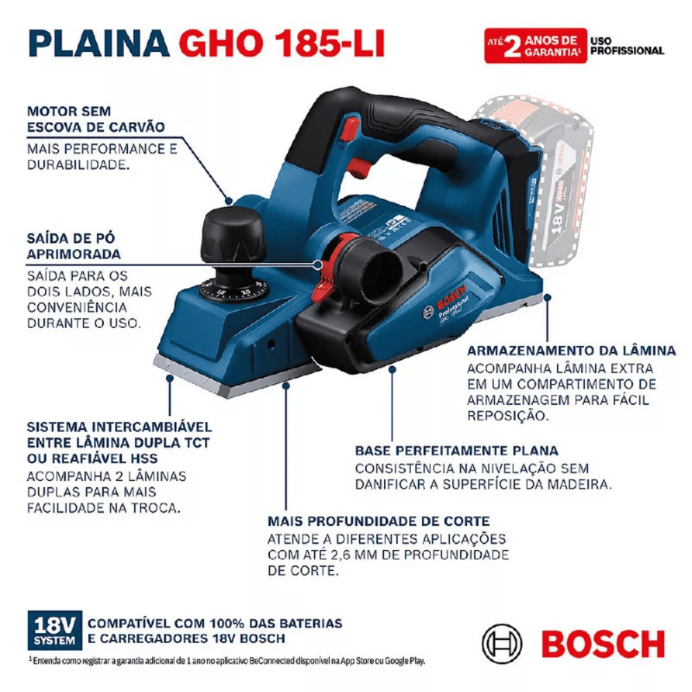 Plaina à Bateria GHO 185-LI Brushless 18V 82mm sem Bateria BOSCH