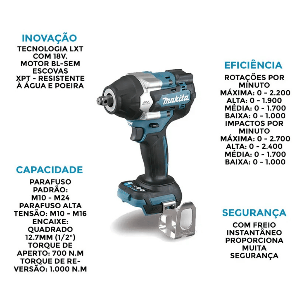 Chave de Impacto DTW700Z 1/2 Pol. 18V Brushless 1000Nm sem Bateria e Carregador MAKITA