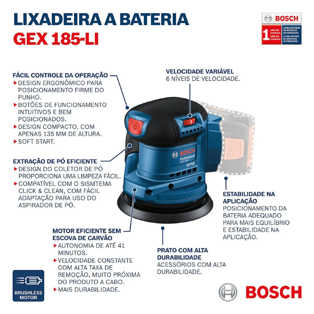 Lixadeira Roto-Orbital GEX 185-LI 125mm 18V Brushless sem Bateria e Carregador BOSCH