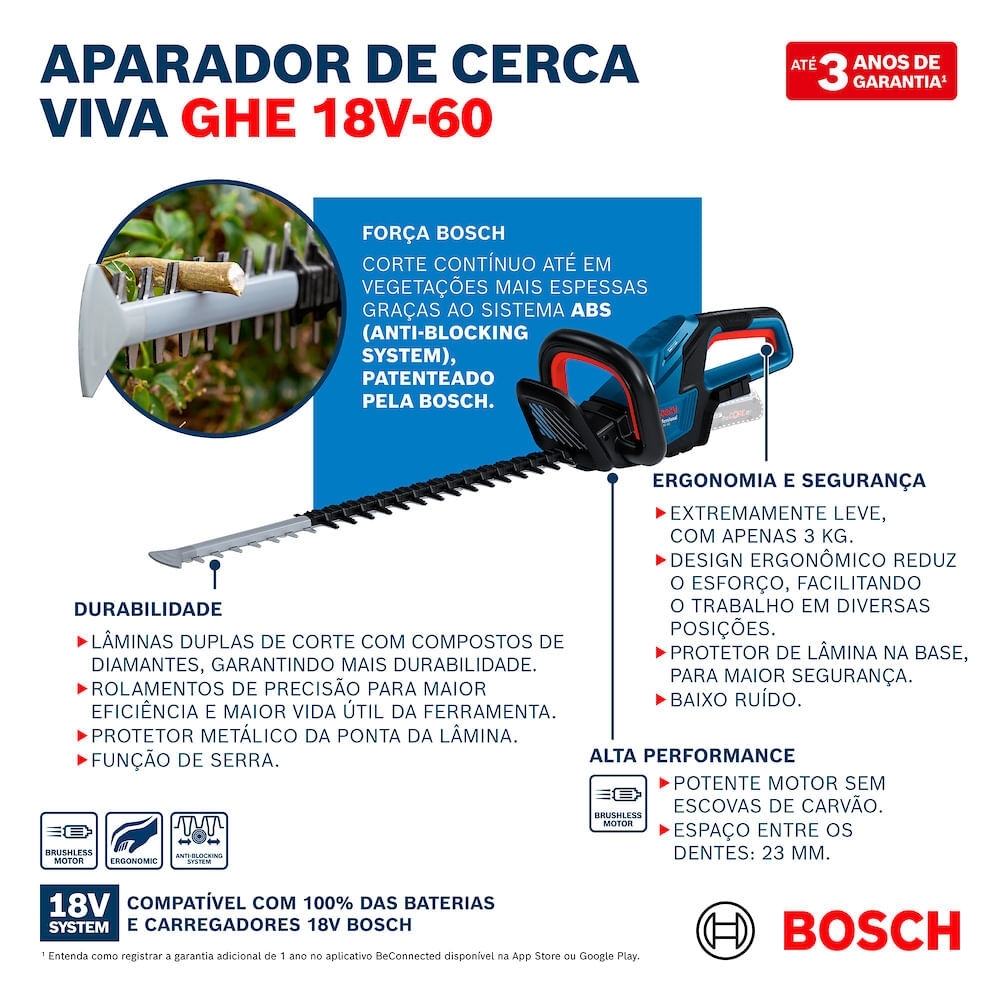 Aparador de Cerca Viva GHE 18V-60 18V Brushless sem Bateria BOSCH