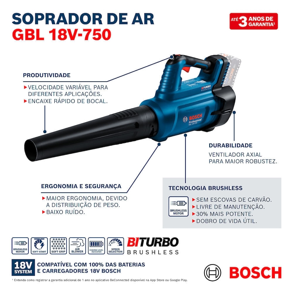 Soprador GBL 18V-750 18V Brushless sem Bateria BOSCH