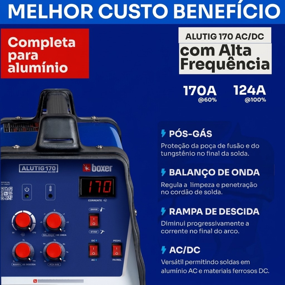 Máquina de Solda Inversora TIG/MMA ALUTIG 170 AC/DC 170A 220V BOXER