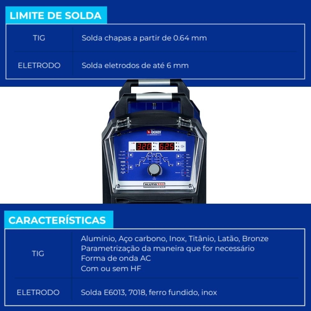 Máquina de Solda Inversora TIG Pulsado ALUTIG 350A 220V BOXER