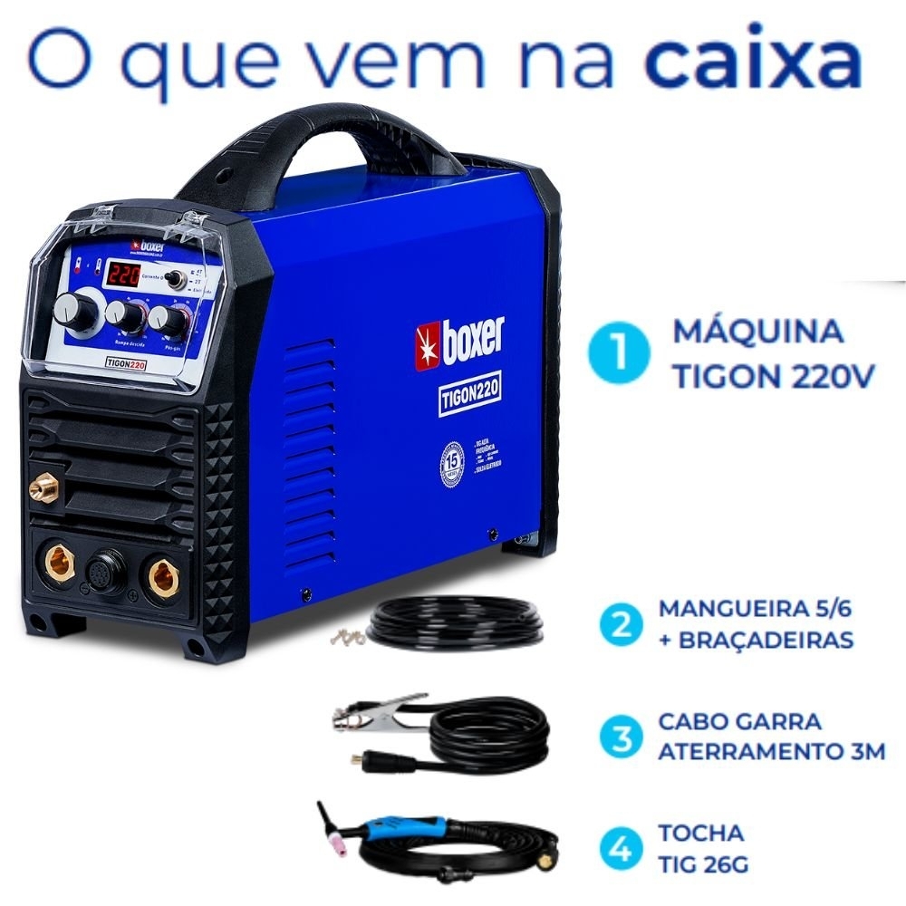 Máquina Inversora de Solda Tigon 220 TIG/MMA 220A 220V com Tocha TIG e Display BOXER