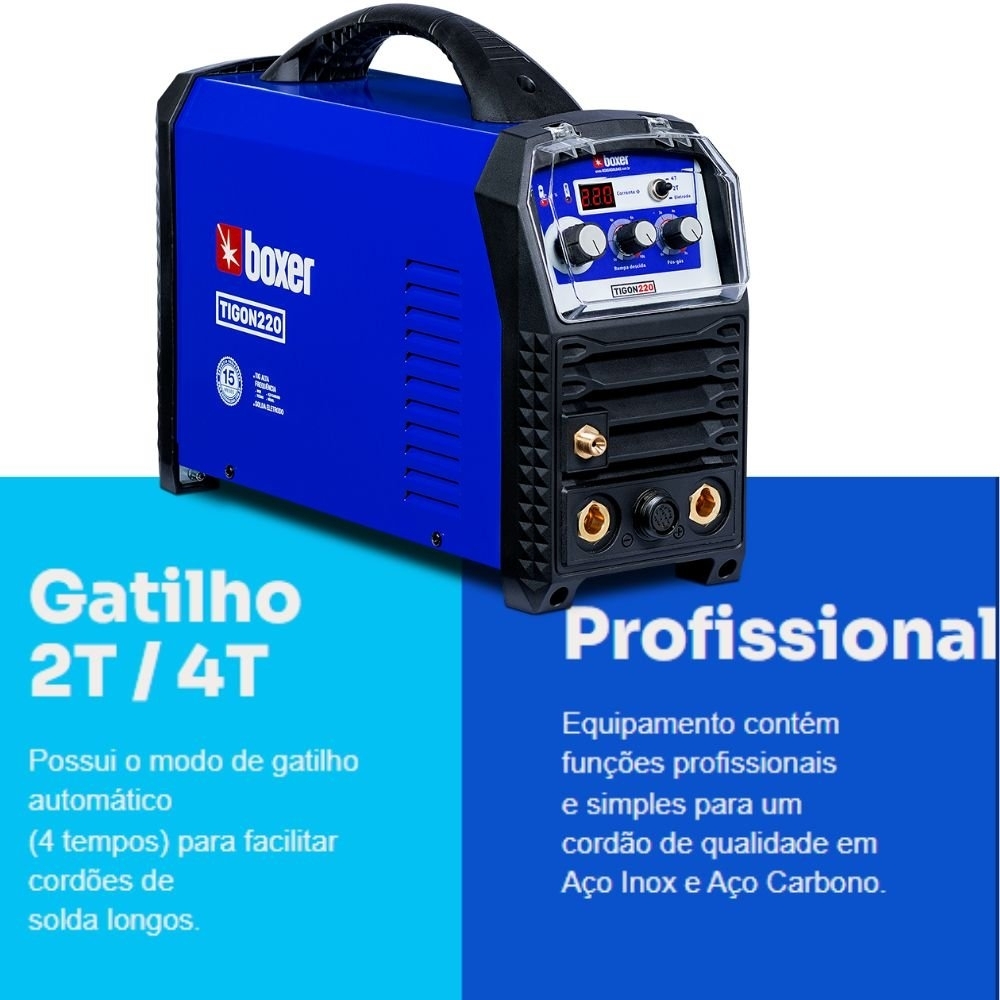 Máquina Inversora de Solda Tigon 220 TIG/MMA 220A 220V com Tocha TIG e Display BOXER