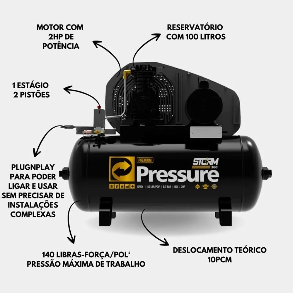 Compressor de Ar Storm 300 100 Litros 2HP Monofásico Bivolt 110/220V PRESSURE