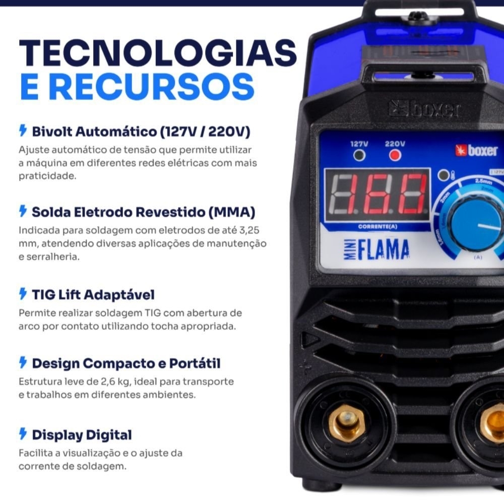 Máquina de Solda Inversora TIG/MMA Mini Flama 160A 127/220V Bivolt BOXER
