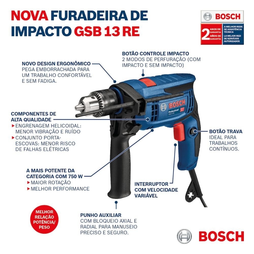Furadeira de Impacto GSB 13 RE-M 1/2 Pol. 750W 220V com Maleta BOSCH