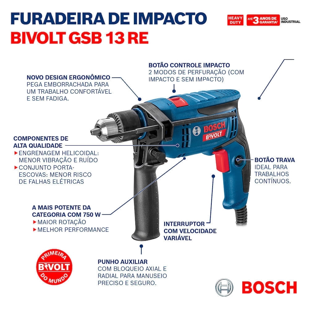 Furadeira de Impacto GSB 13 RE 1/2 Pol. 750W Bivolt BOSCH