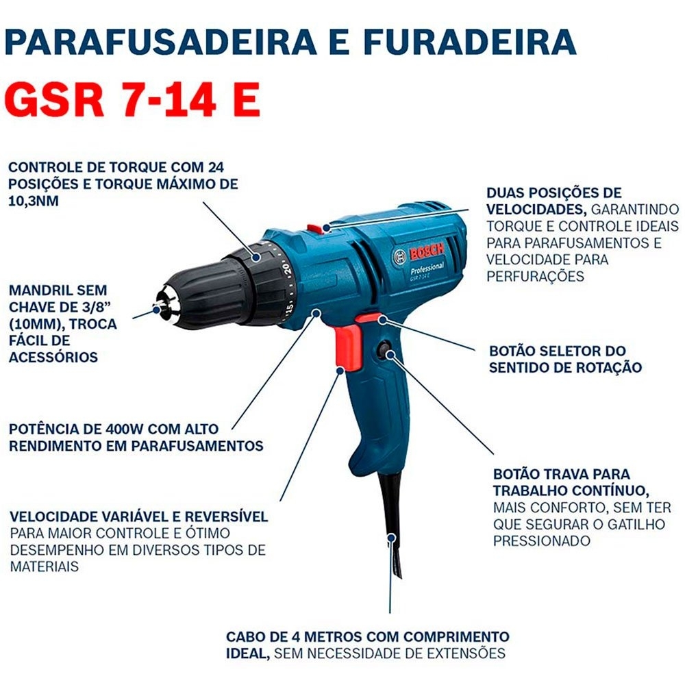 Parafusadeira Furadeira GSR7-14E 3/8 Pol. 400W 110V BOSCH