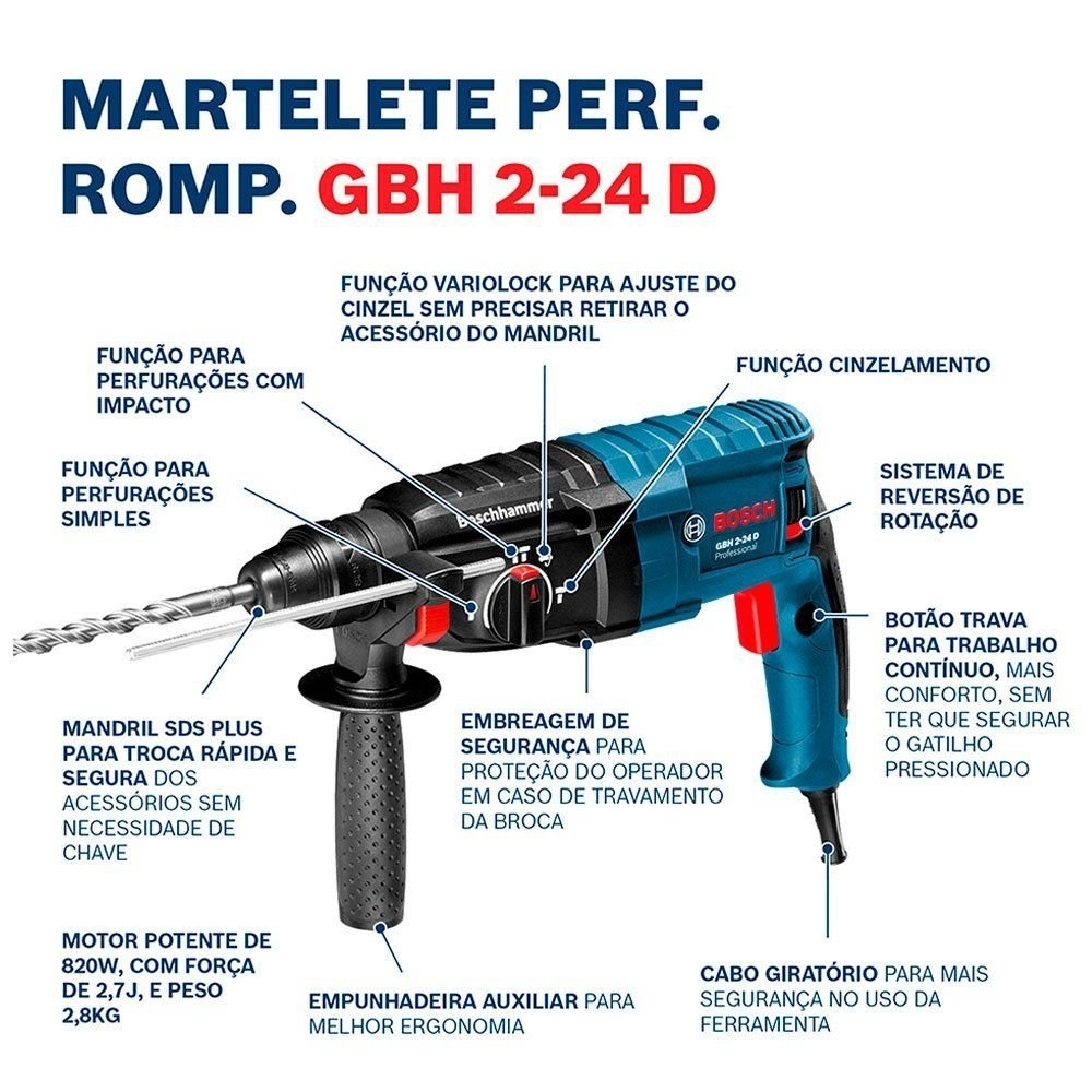 Martelo Rompedor GBH 2-24 D 820W 220V com Maleta BOSCH
