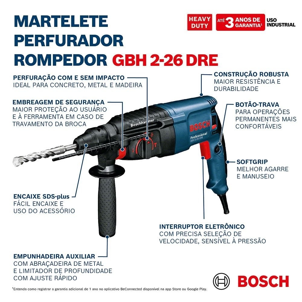 Martelo Perfurador Rompedor GBH 2-26 DRE 800W 2,7J 220V com Maleta BOSCH