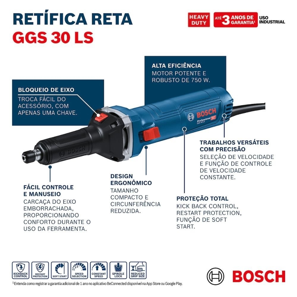 Retífica Reta GGS 30 LS 750W 220V com Pinça 8mm BOSCH