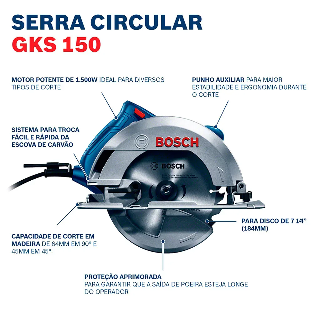 Serra Circular GKS 150 184mm 1500W 220V com Disco e Guia Paralelo BOSCH