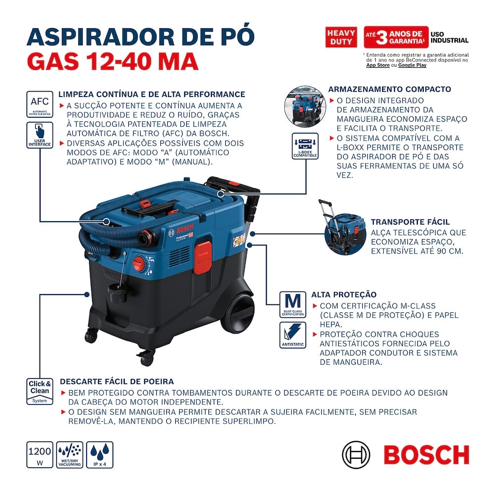 Aspirador de Pó GAS 12-40 MA 40 Litros 1200W 220V BOSCH