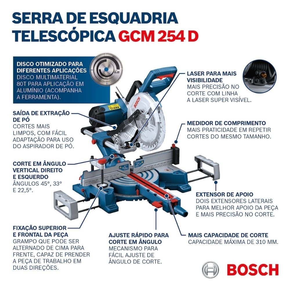 Serra Meia Esquadria Telescópica GCM-254D 1800W 110V com Disco BOSCH