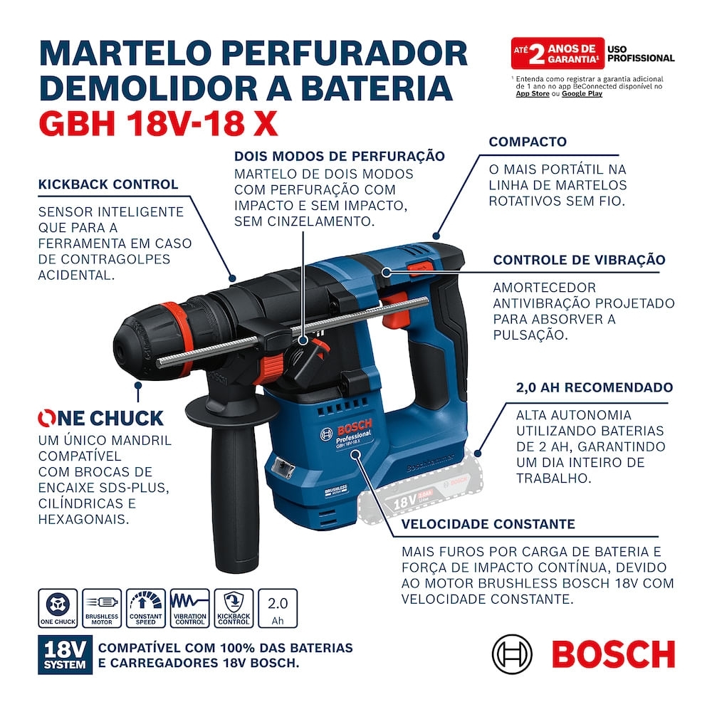 Martelete Perfurador GBH 18V-18 X Brushless One Chuck sem Bateria BOSCH