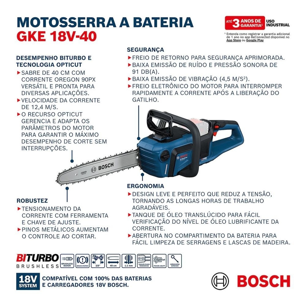 Motosserra GKE 18V-40 18V com Sabre 40cm sem Bateria BOSCH