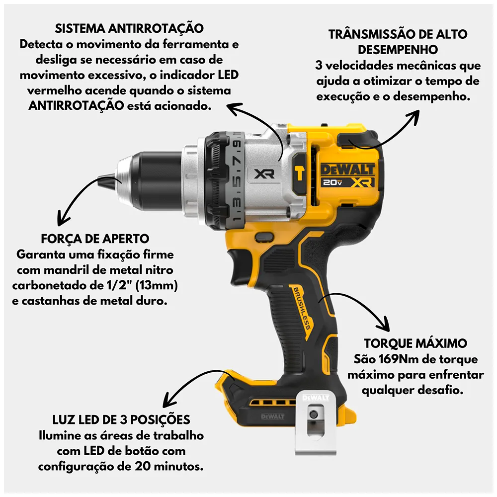 Parafusadeira/Furadeira de Impacto DCD1007B-B3 1/2 Pol. 20V Max XR Brushless sem Bateria e Carregador DEWALT