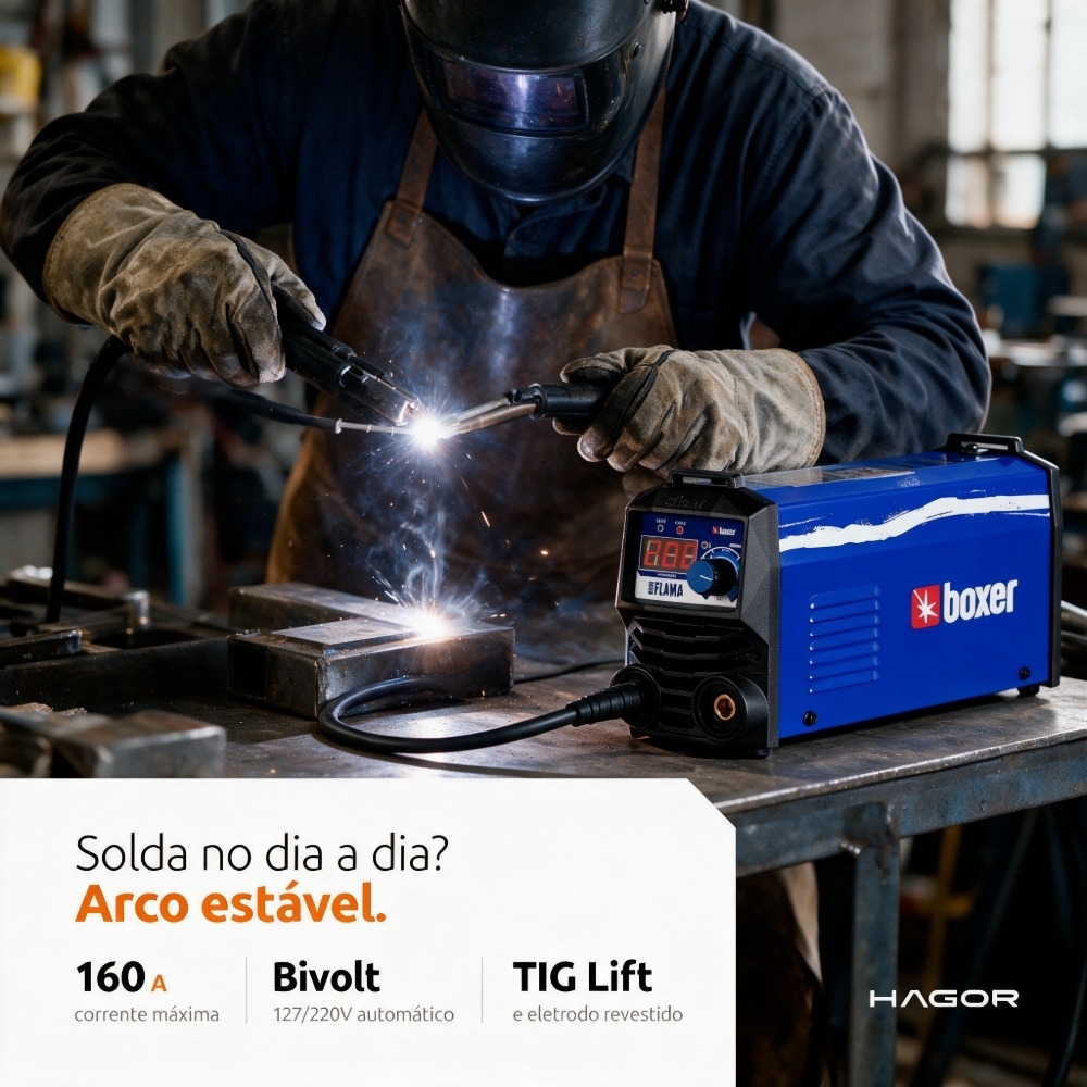Máquina de Solda Inversora TIG Lift/MMA Boxer Mini Flama 160A Bivolt 127/220V com Display Digital para Eletrodo até 3,25 mm