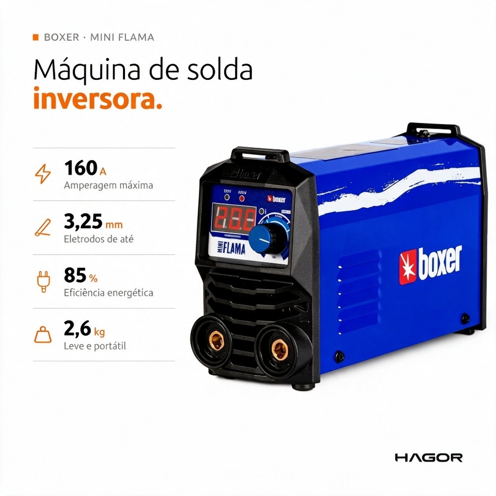 Máquina de Solda Inversora TIG Lift/MMA Boxer Mini Flama 160A Bivolt 127/220V com Display Digital para Eletrodo até 3,25 mm