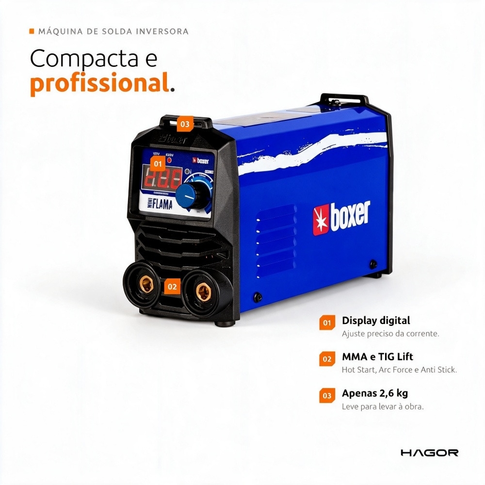 Máquina de Solda Inversora TIG Lift/MMA Boxer Mini Flama 160A Bivolt 127/220V com Display Digital para Eletrodo até 3,25 mm