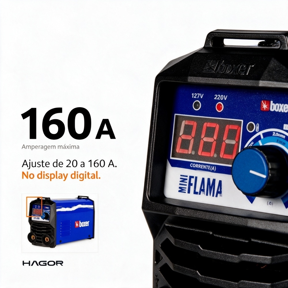 Máquina de Solda Inversora TIG Lift/MMA Boxer Mini Flama 160A Bivolt 127/220V com Display Digital para Eletrodo até 3,25 mm