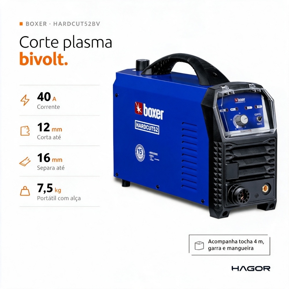 Máquina de Corte Plasma Boxer HARDCUT52BV Bivolt 127/220V 40A Corta até 12 mm com Tocha 4 m, Garra Negativa e Mangueira de Ar