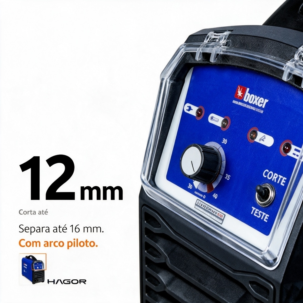 Máquina de Corte Plasma Boxer HARDCUT52BV Bivolt 127/220V 40A Corta até 12 mm com Tocha 4 m, Garra Negativa e Mangueira de Ar