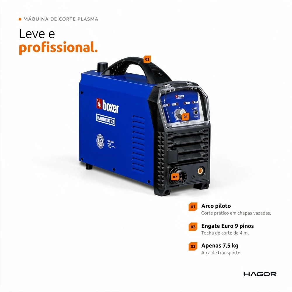 Máquina de Corte Plasma Boxer HARDCUT52BV Bivolt 127/220V 40A Corta até 12 mm com Tocha 4 m, Garra Negativa e Mangueira de Ar